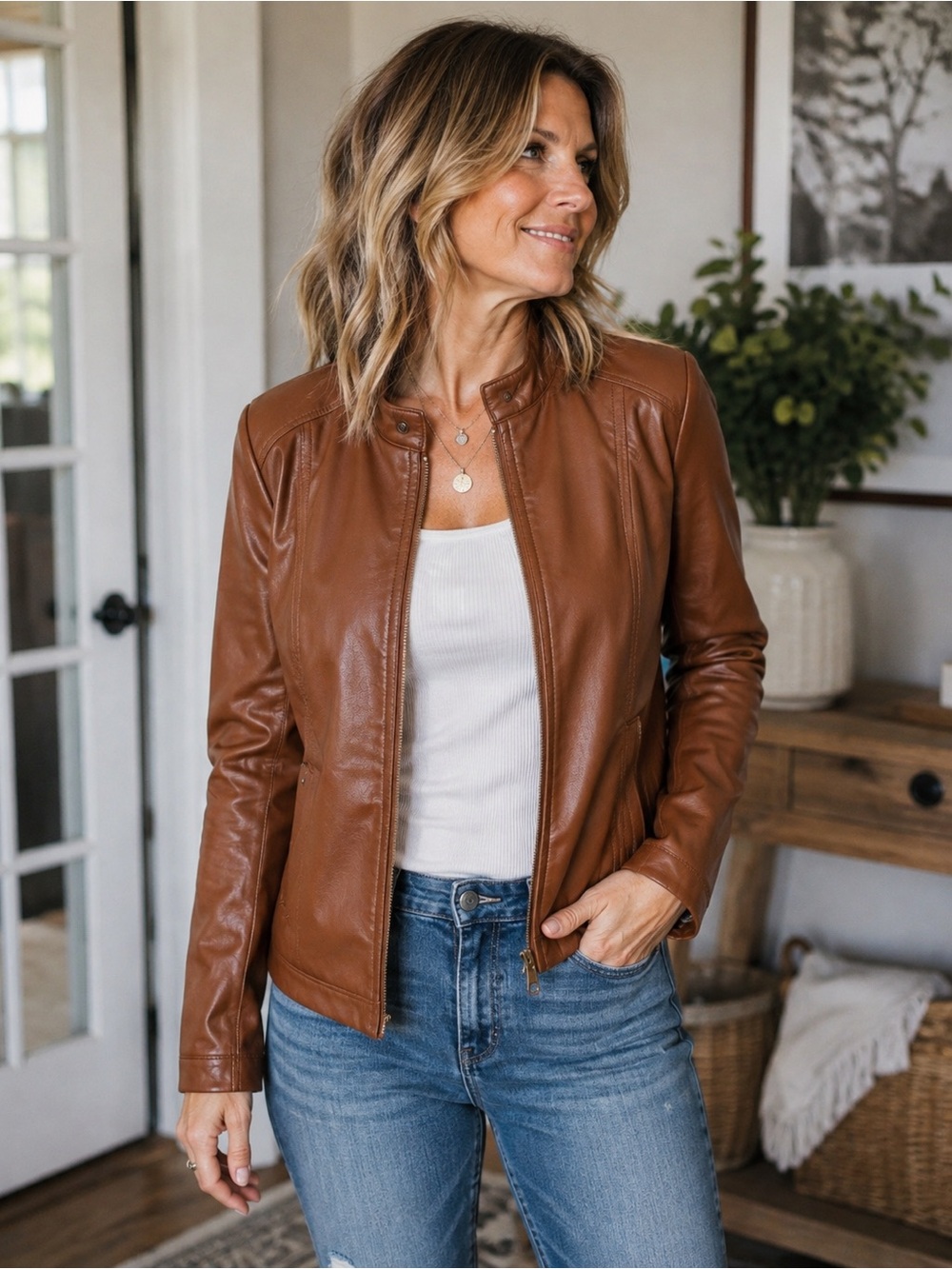 Faded Glory Women’s L Y2K Inspired Cognac Brown Faux Leather Moto Jacket